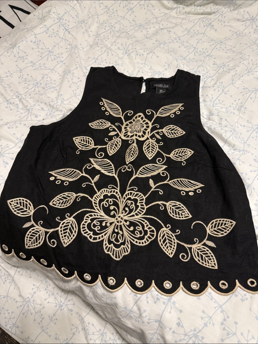 Rachel Zoe Black Sleeveless Camisole with Cream Floral Embroidery